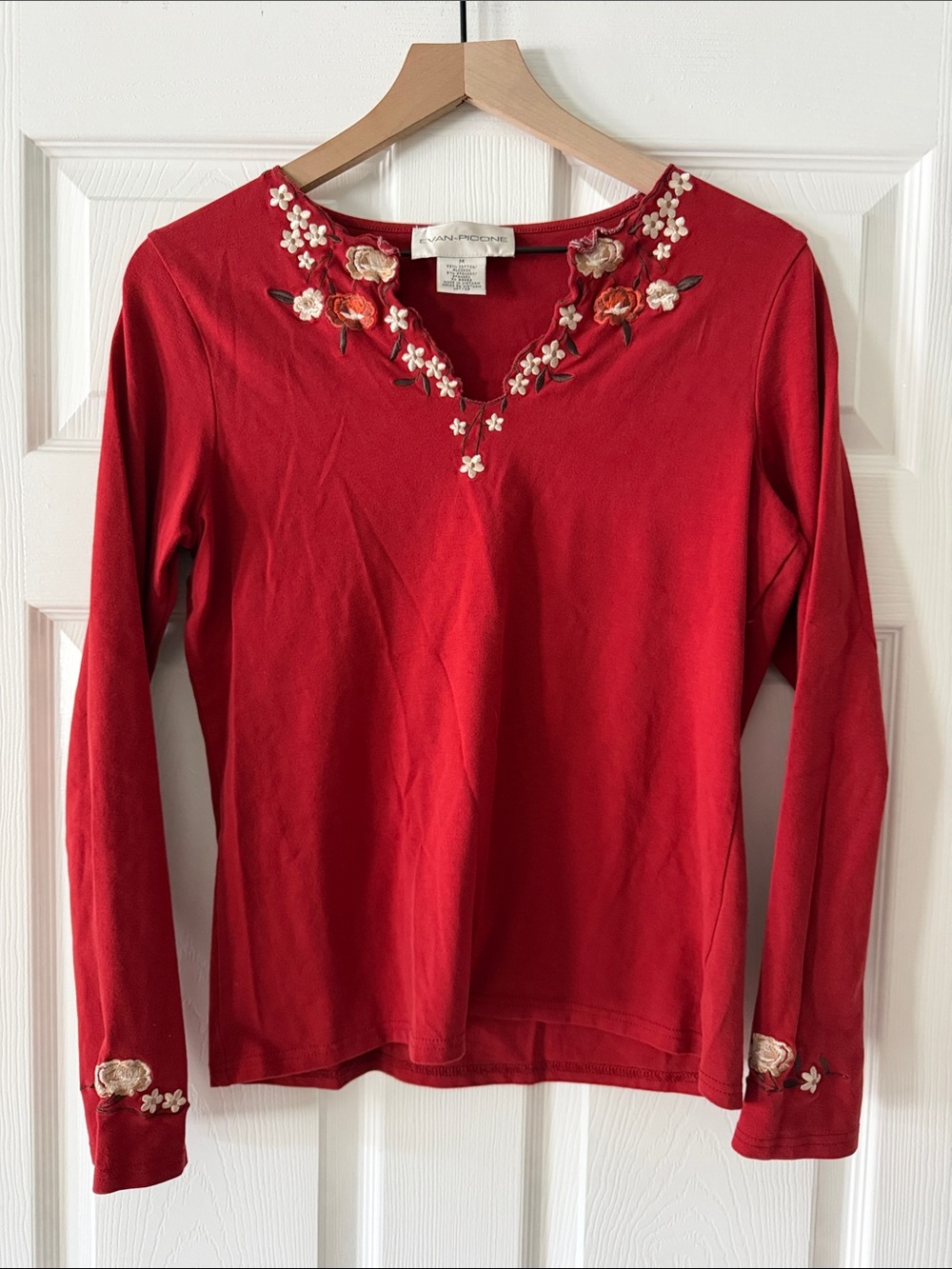 Evan Picone Dark Red Long Sleeve V-Neck Top with Floral Embroidery
